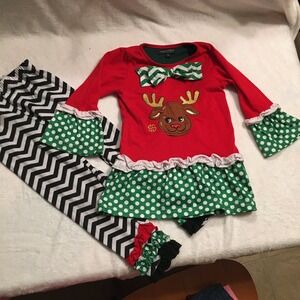 Simply‎ Southern Reindeer Tunic Leggings Set Kids 5 Red Excellent Ruffle Chevron
